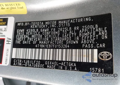 2015 Toyota Avalon Xle Premium z USA, uszkodzony, nr VIN 4T1BK1EB7FU153264